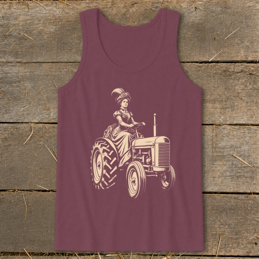 Illustration of a woman in a historical dress driving a tractor.