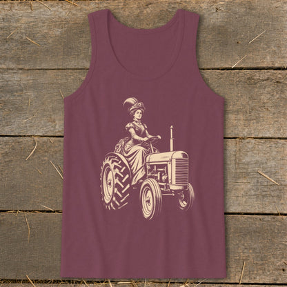 Illustration of a woman in a historical dress driving a tractor.