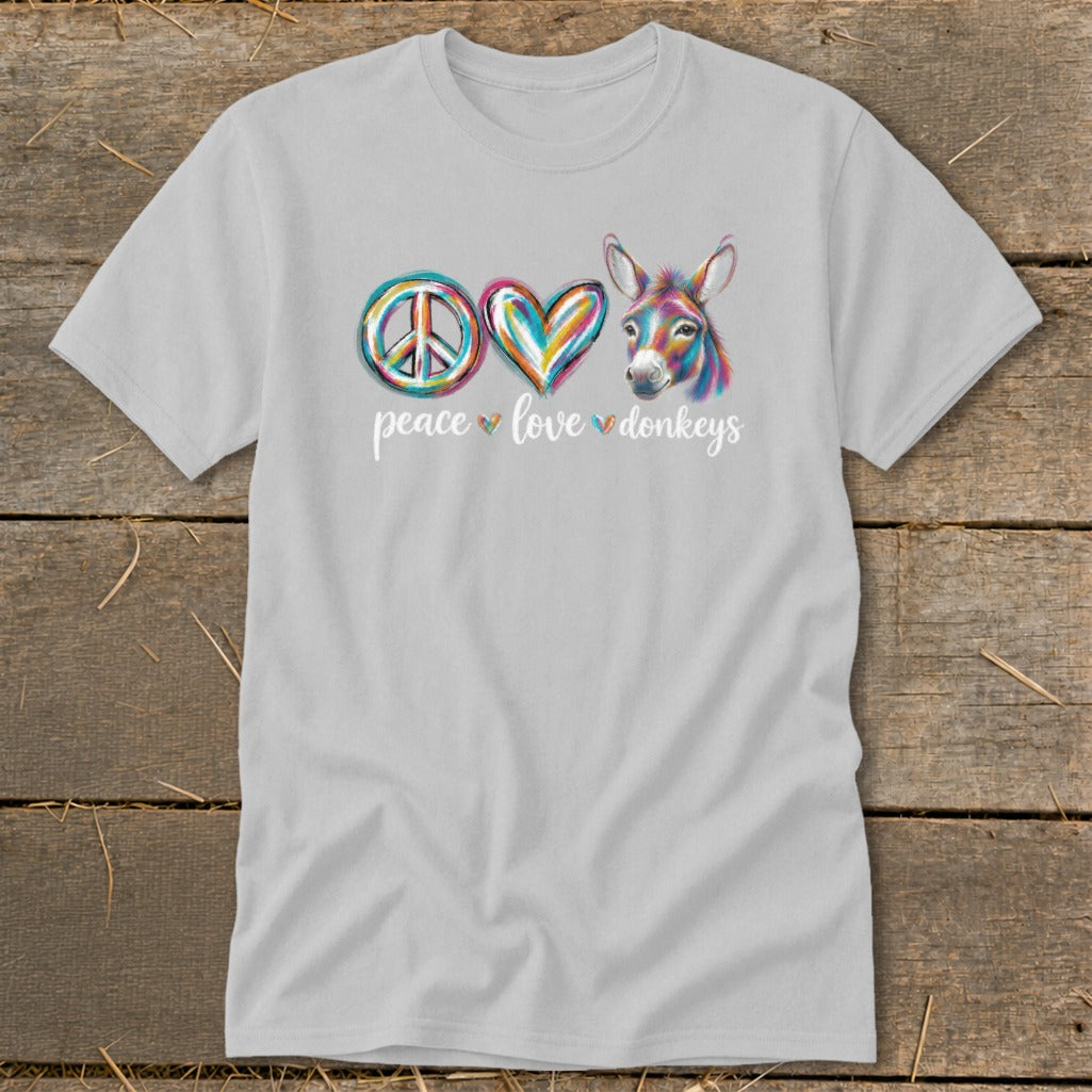 Gray t-shirt with peace, heart, and donkey graphic and "peace love donkeys" text.