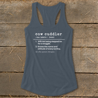 Slate blue tank top with white text defining "cow cuddler".