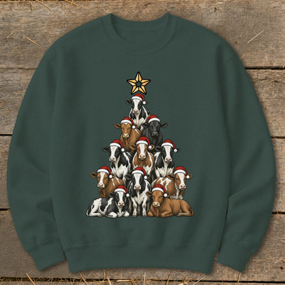 Christmas tree made of cows wearing Santa hats, with a star on top.