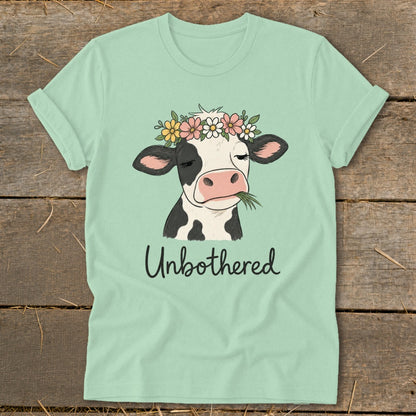 Mint green t-shirt with a cow wearing a flower crown, chewing grass, and the text "Unbothered".