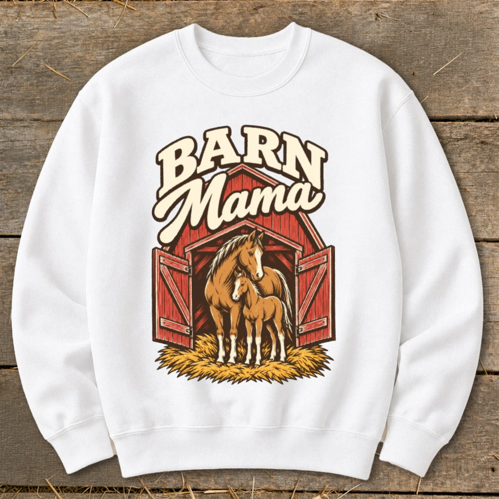 White sweatshirt with "Barn Mama" text and horses inside a barn illustration.
