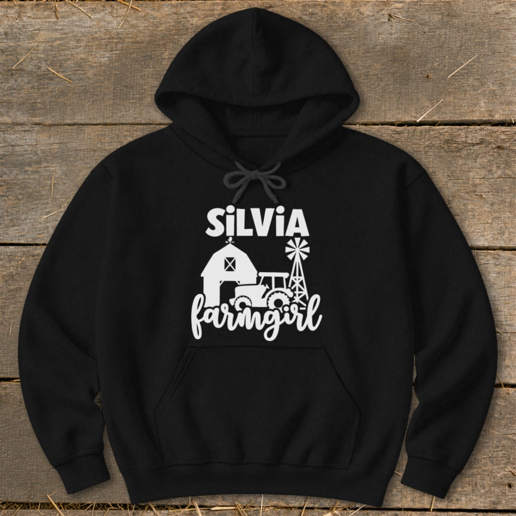 Black hoodie with "Silvia farmgirl" text and barn, tractor, and windmill graphic.