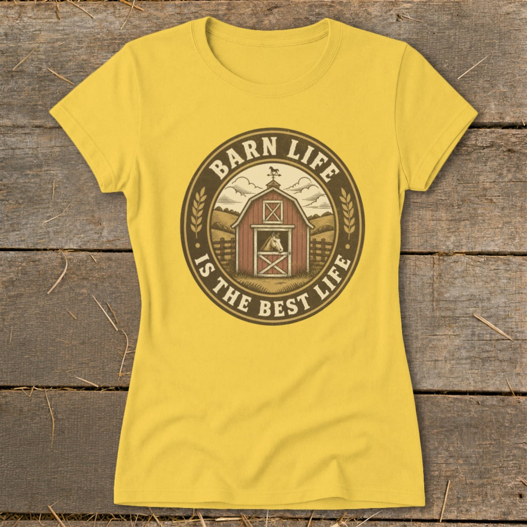 Yellow t-shirt with barn, horse, and text: "Barn Life Is The Best Life".