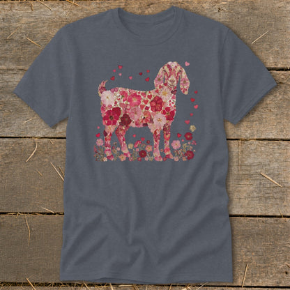 Dark gray t-shirt with a floral goat graphic and scattered hearts.