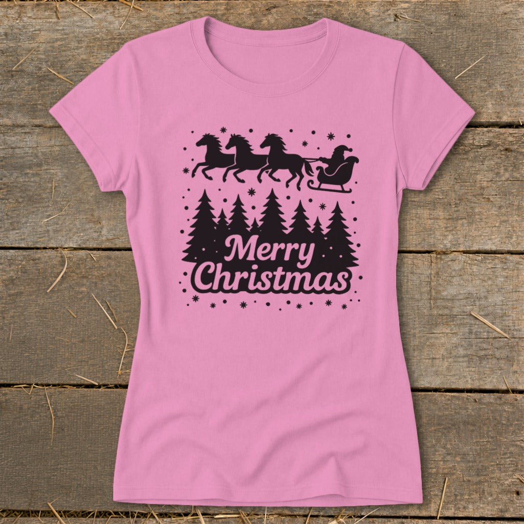 Pink t-shirt with black horse-drawn sleigh, Santa, and "Merry Christmas" text.
