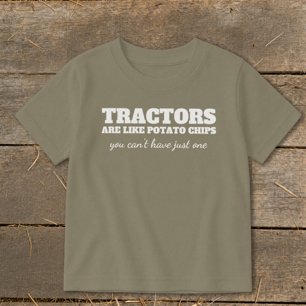 T-shirt with text "Tractors are like potato chips you can't have just one."