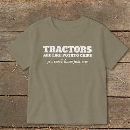 T-shirt with text "Tractors are like potato chips you can't have just one."