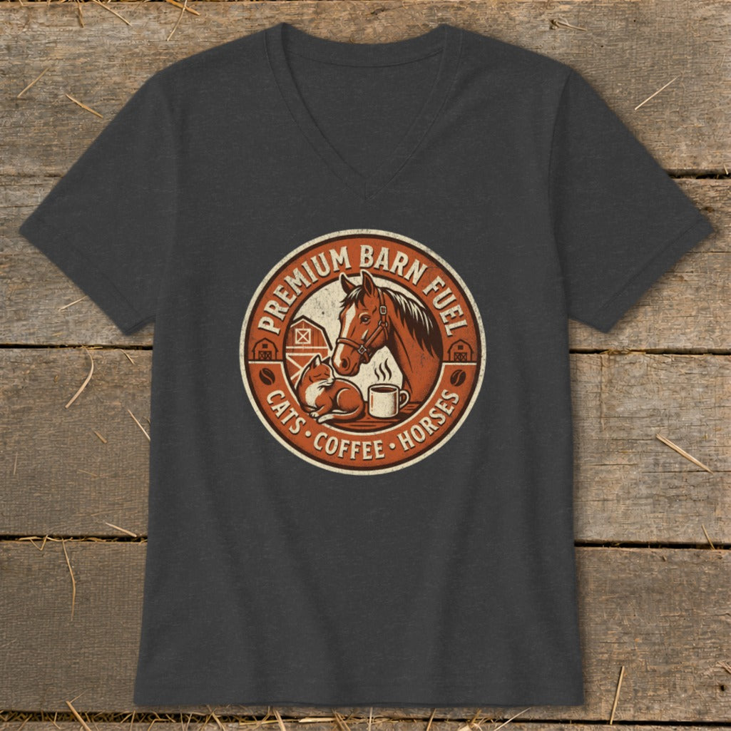 Circular graphic with horse, cat, barn, and coffee cup; text reads "Premium Barn Fuel Cats Coffee Horses."