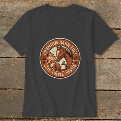Circular graphic with horse, cat, barn, and coffee cup; text reads "Premium Barn Fuel Cats Coffee Horses."