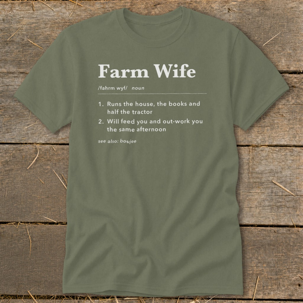 Green t-shirt with "Farm Wife" definition.