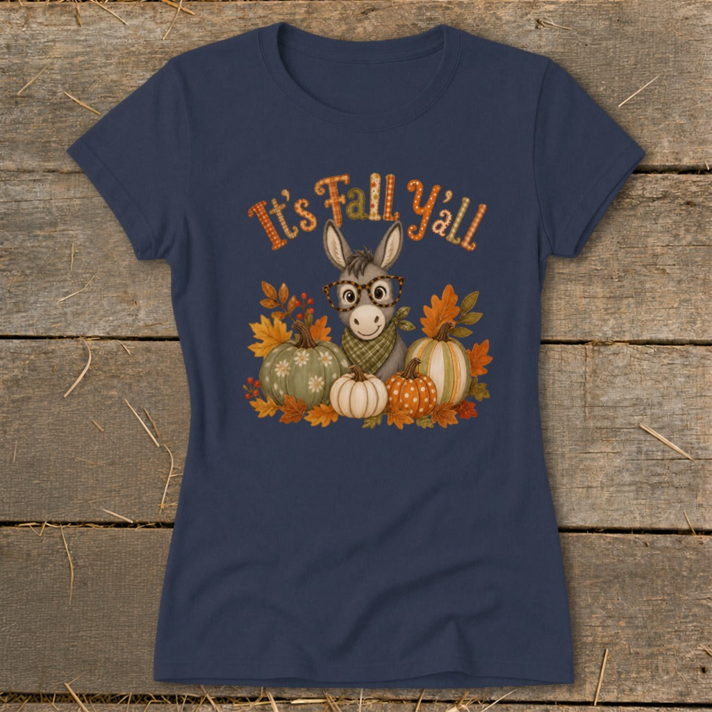 Dark navy t-shirt with a donkey, pumpkins, and "It's Fall Y'all" text.