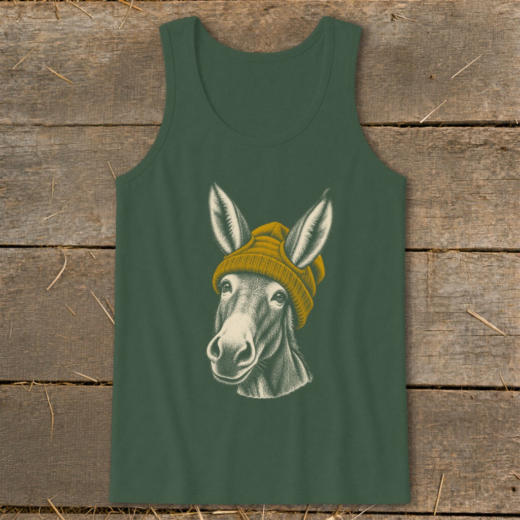 Dark green tank top with a sketch of a donkey wearing a yellow beanie.