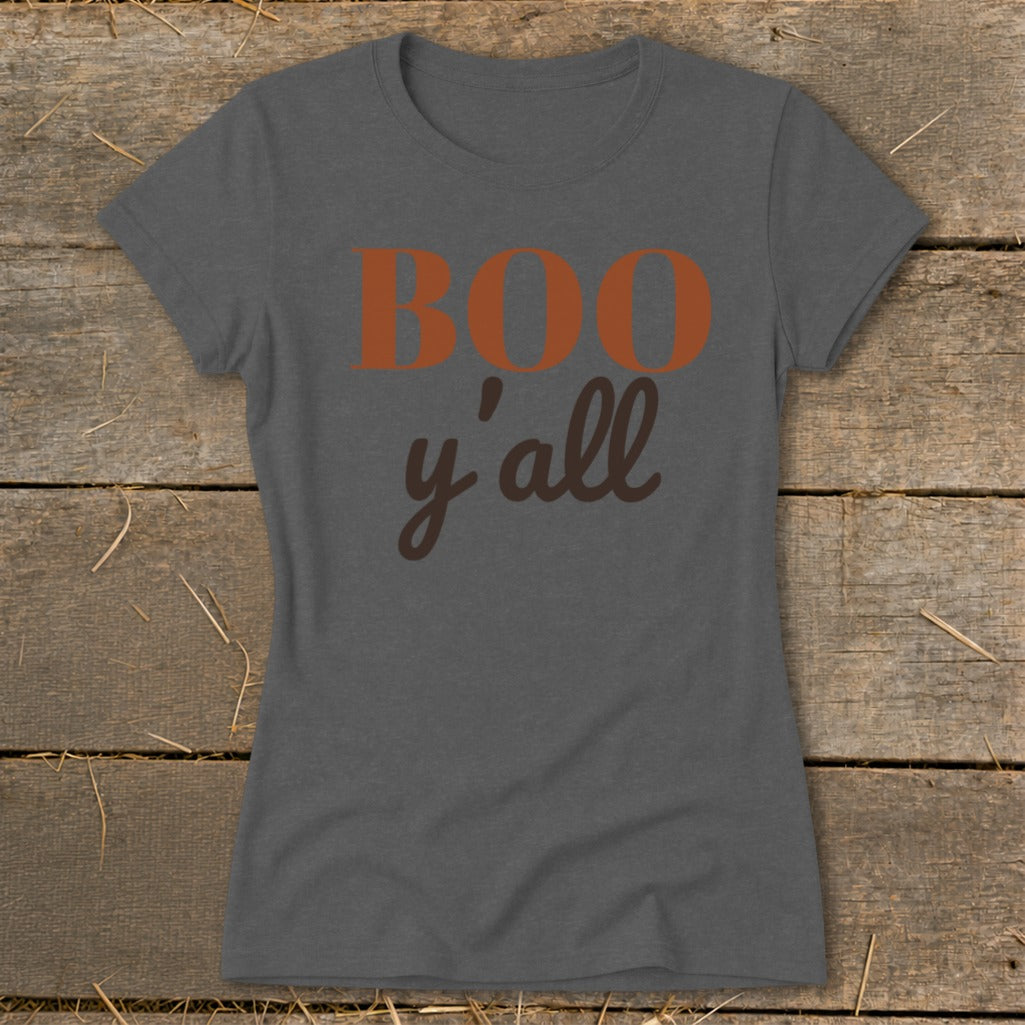 Dark gray t-shirt with "BOO y'all" in orange and brown lettering.