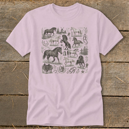 Light pink t-shirt with a vintage illustration collage of horses, saddles, and horseshoes.