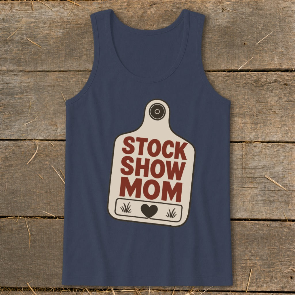 Navy tank top with "STOCK SHOW MOM" text and heart on a tag graphic.