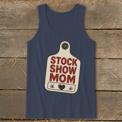 Navy tank top with "STOCK SHOW MOM" text and heart on a tag graphic.