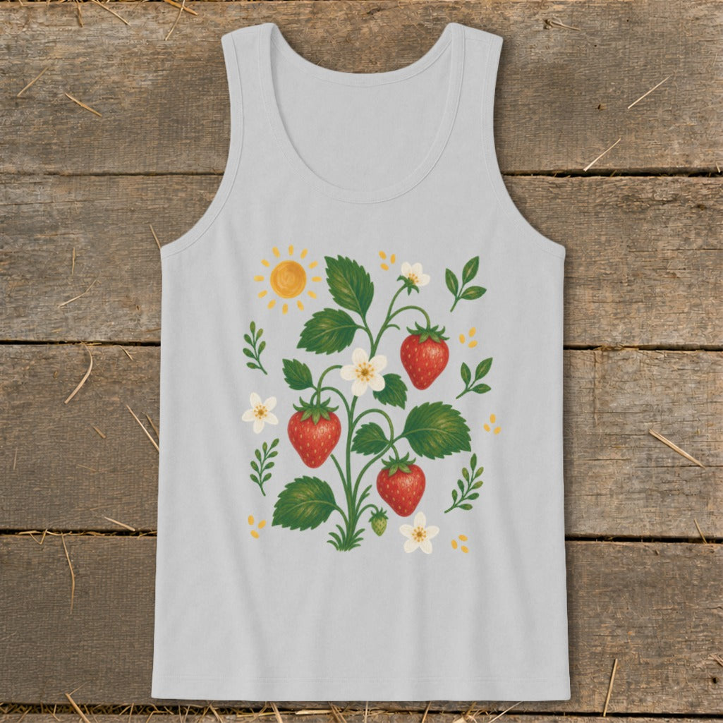 Light gray tank top with a watercolor strawberry plant and sun graphic.