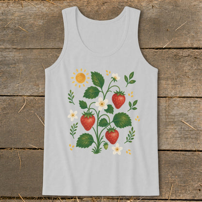 Light gray tank top with a watercolor strawberry plant and sun graphic.