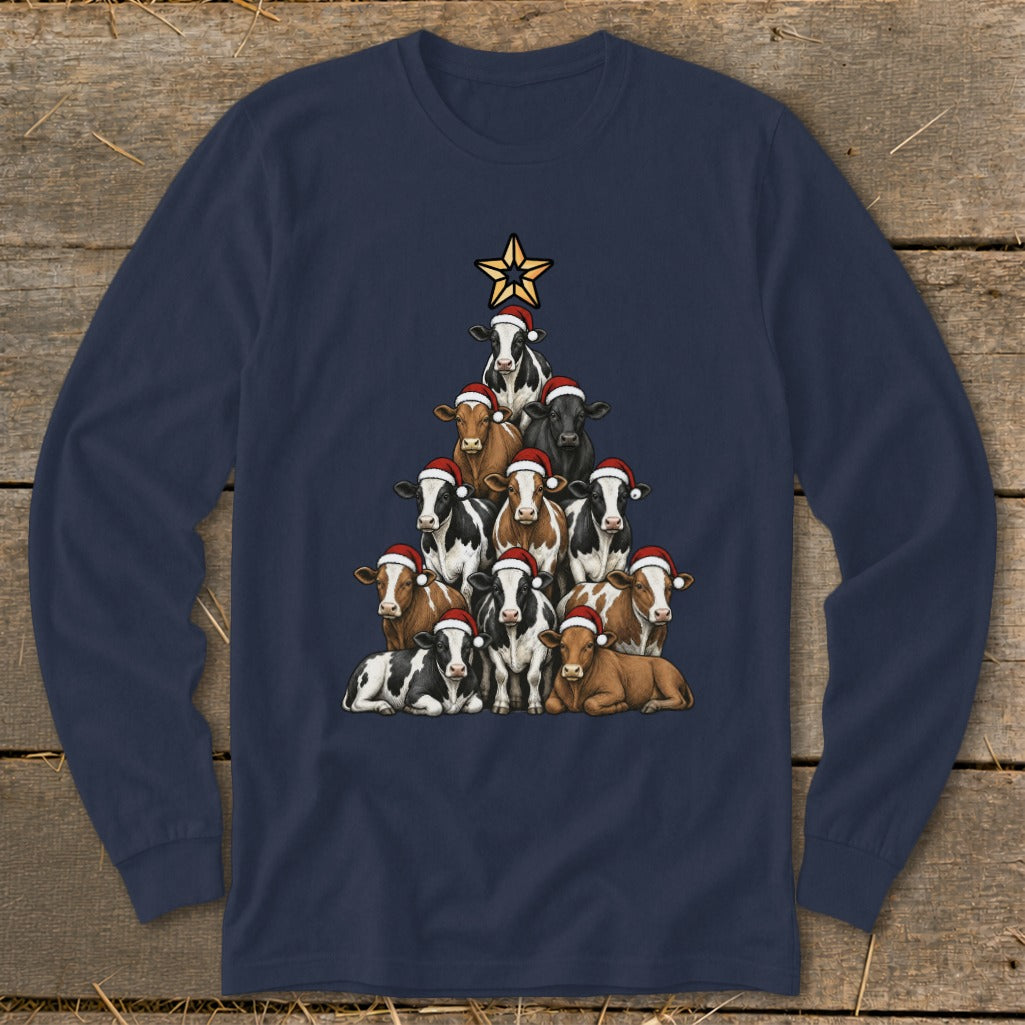 Cows in Santa hats form a Christmas tree, topped with a star.