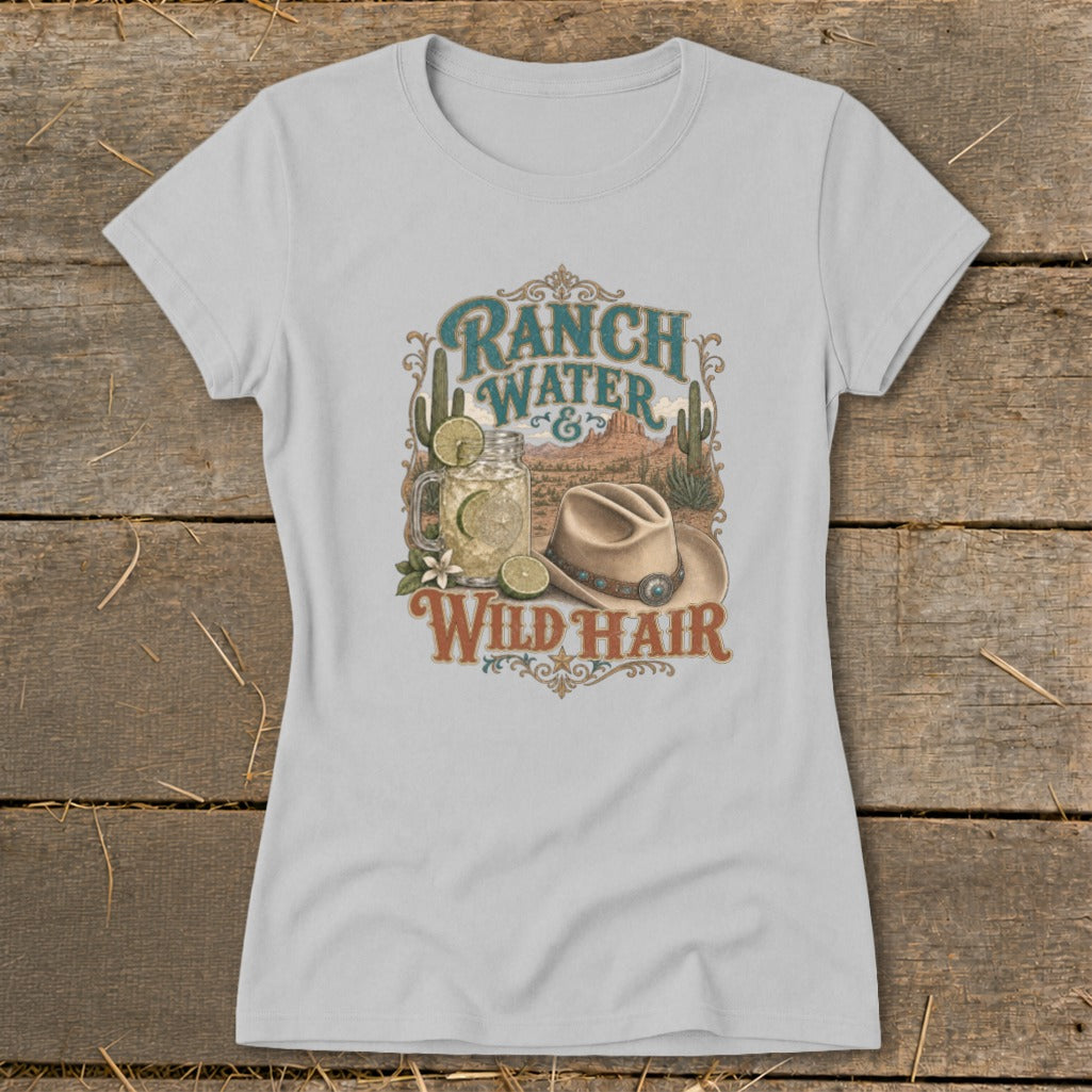 T-shirt graphic with "Ranch Water & Wild Hair" text, a drink, and a cowboy hat.