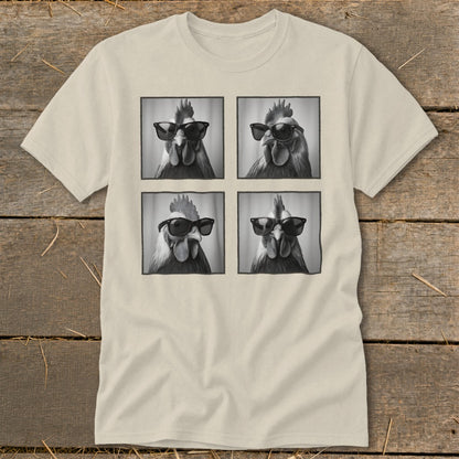 T-shirt with four black and white images of roosters wearing sunglasses.