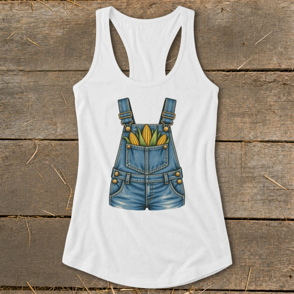 White tank top with a graphic of denim overalls filled with corn.