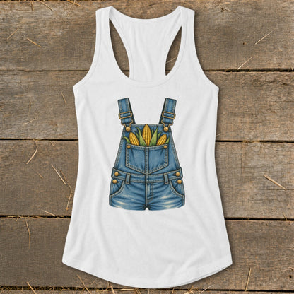 White tank top with a graphic of denim overalls filled with corn.