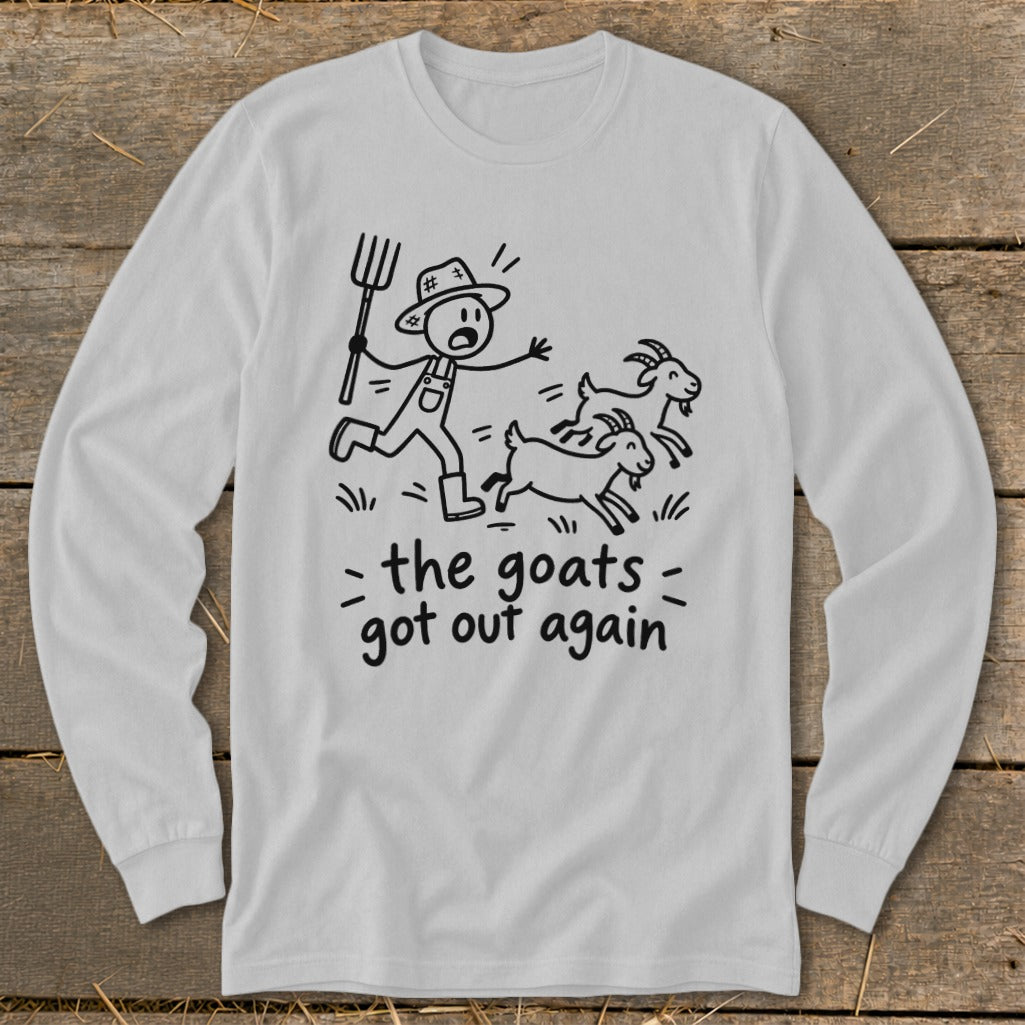 Line drawing of a stick figure farmer chasing goats with the text "the goats got out again".