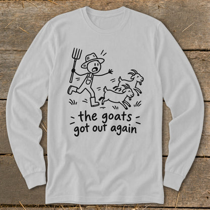Line drawing of a stick figure farmer chasing goats with the text "the goats got out again".