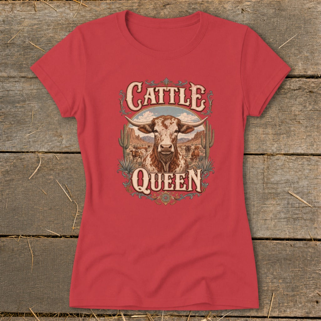 Red t-shirt with "Cattle Queen" graphic featuring a longhorn bull and desert scene.