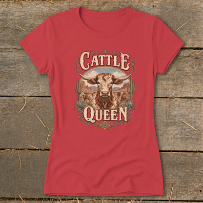 Red t-shirt with "Cattle Queen" graphic featuring a longhorn bull and desert scene.