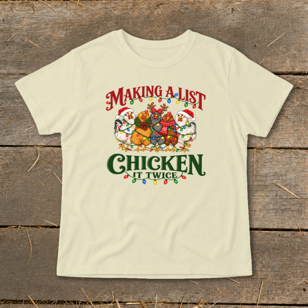 Christmas chickens wearing Santa hats and lights saying "Making a list, chicken it twice."
