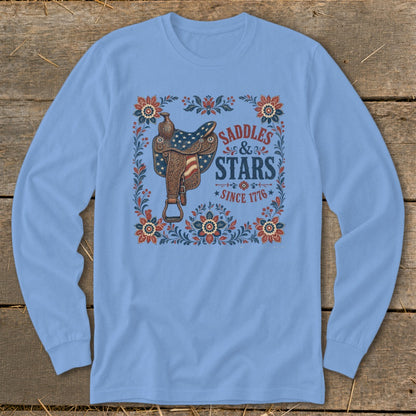 Light blue long sleeve shirt with Saddles & Stars since 1776 graphic.