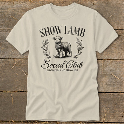 T-shirt with "Show Lamb Social Club" text and a drawing of a sheep.