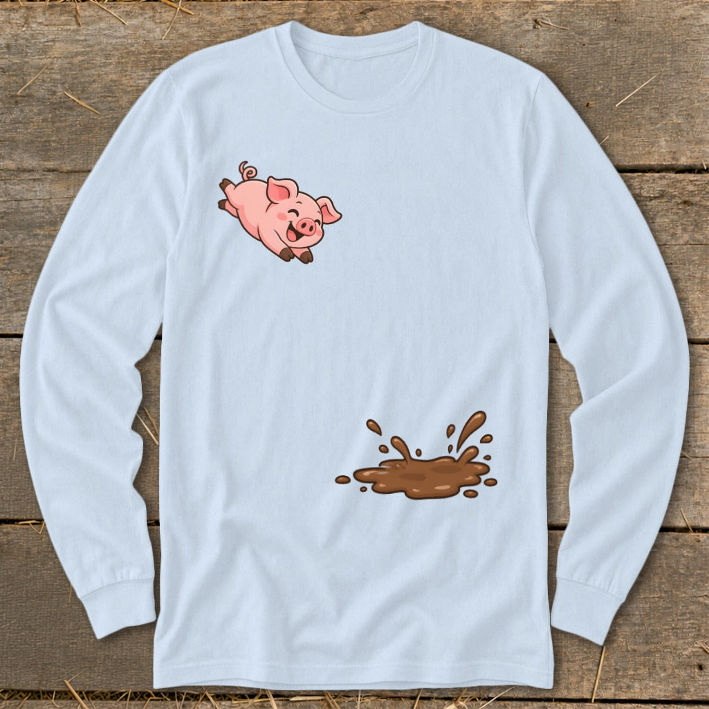 Light blue long-sleeve shirt with a cartoon pig jumping into a mud puddle.