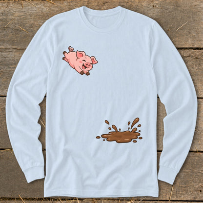 Light blue long-sleeve shirt with a cartoon pig jumping into a mud puddle.