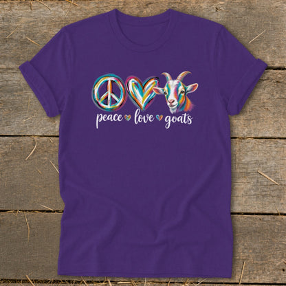 Purple t-shirt with peace sign, heart, and colorful goat, reading "Peace Love Goats".