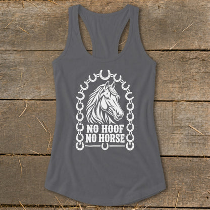 Gray tank top with white graphic of horse head and text "NO HOOF NO HORSE".