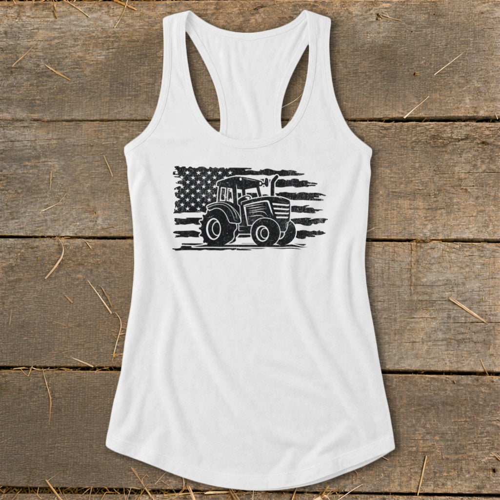 White tank top with distressed American flag and tractor graphic.