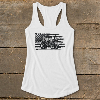 White tank top with distressed American flag and tractor graphic.