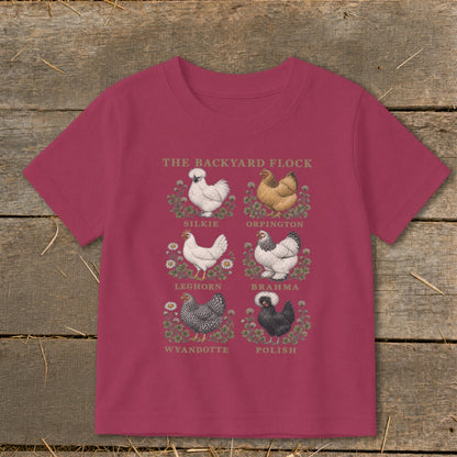 T-shirt graphic with "The Backyard Flock" title and six chicken illustrations with breed names.