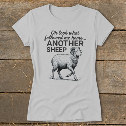 Light gray t-shirt with text "Oh look what followed me home... ANOTHER SHEEP" and a ram illustration.