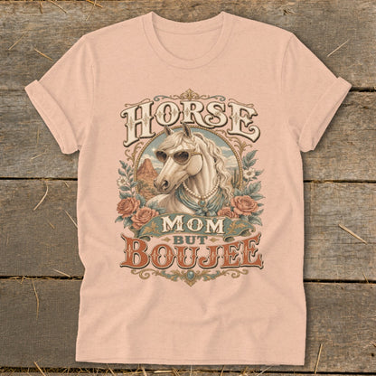Horse Mom But Boujee graphic with a horse wearing sunglasses on peach t-shirt.