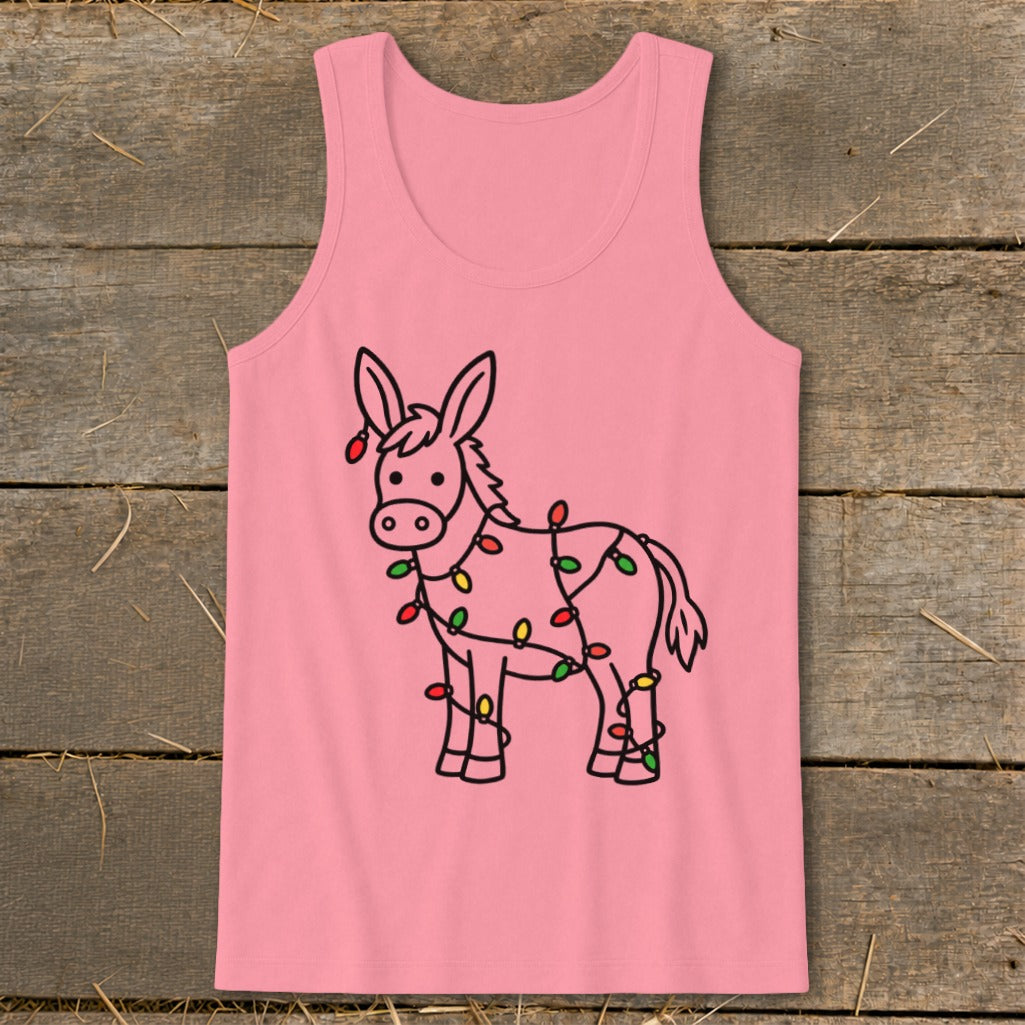 Pink tank top with a black outline drawing of a donkey wrapped in colorful Christmas lights.