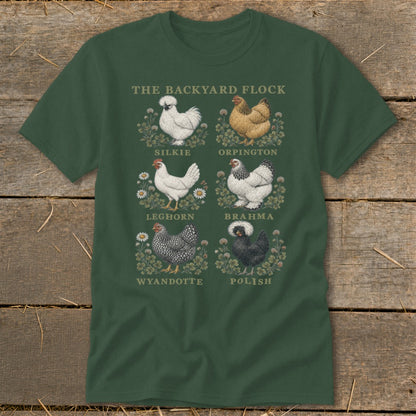 Green t-shirt featuring six chicken breeds: Silkie, Orpington, Leghorn, Brahma, Wyandotte, Polish.