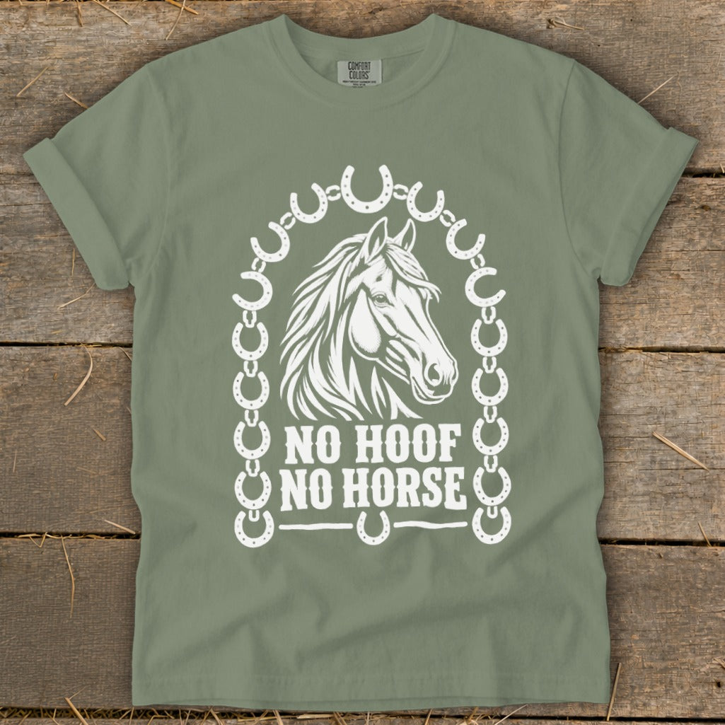 Green t-shirt with white graphic of a horse head and horseshoe chain, reading "No Hoof No Horse".