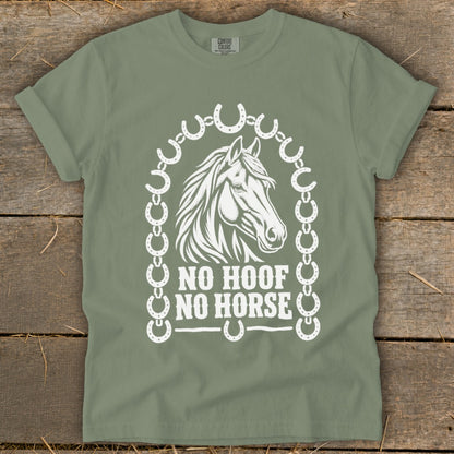 Green t-shirt with white graphic of a horse head and horseshoe chain, reading "No Hoof No Horse".