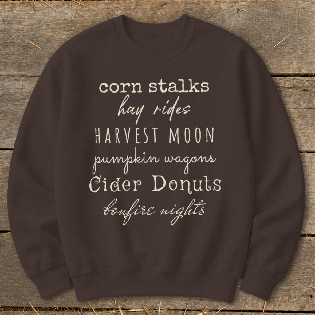 Brown sweatshirt with white text listing fall activities: corn stalks, hay rides, harvest moon.